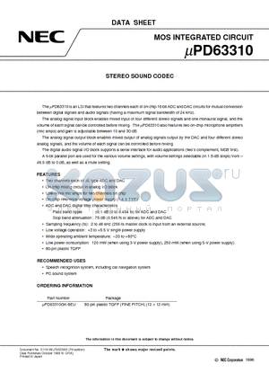 UPD63310 datasheet - STEREO SOUND CODEC
