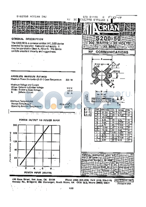 S200-50 datasheet - 200 WATTS - 50 VOLTS 30MHZ