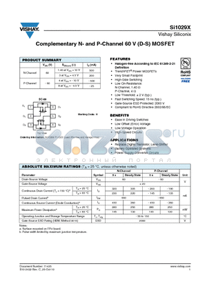 SI1029X datasheet - Complementary N- and P-Channel 60 V (D-S) MOSFET