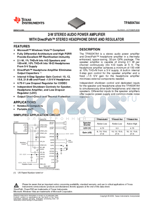 TPA6047A4 datasheet - 2-W STEREO AUDIO POWER AMPLIFIER WITH DirectPatTM STEREO HEADPHONE DRIVE AND REGULATOR