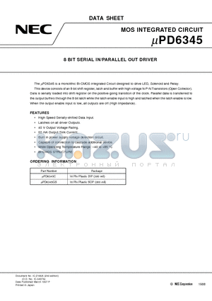 UPD6345GS datasheet - 8 BIT SERIAL IN/PARALLEL OUT DRIVER