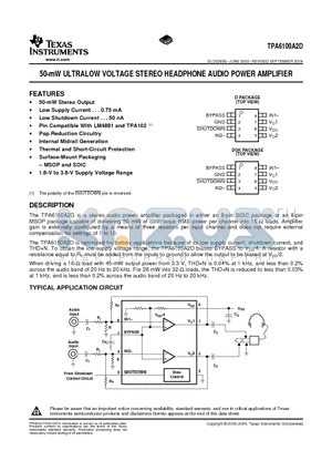 TPA6100A2DGKG4 datasheet - 50-mW ULTRALOW VOLTAGE STEREO HEADPHONE AUDIO POWER AMPLIFIER