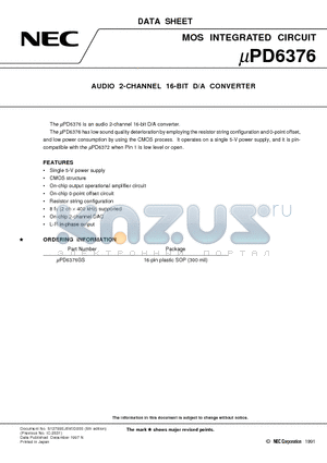 UPD6376 datasheet - AUDIO 2-CHANNEL 16-BIT D/A CONVERTER