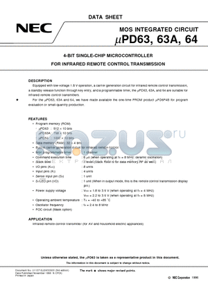 UPD63A datasheet - 4-BIT SINGLE-CHIP MICROCONTROLLER FOR INFRARED REMOTE CONTROL TRANSMISSION