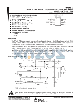 TPA6101A2 datasheet - 50-mW ULTRALOW-VOLTAGE, FIXED-GAIN STEREO HEADPHONE AUDOI POWER AMPLIFIER