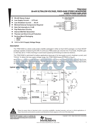 TPA6102A2 datasheet - 50 mM ULTRALOW VOLTAGE FIXED-GAIN STEREO HEADPHONE AUDIO POWER AMPLIFIER