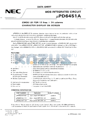 UPD6451A datasheet - MOS INTEGRATED CIRCUIT CMOS LSI FOR 12lines X 24 columns CHARACTER DISPLAY ON SCREEN