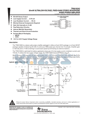 TPA6102A2D datasheet - 50 mM ULTRALOW VOLTAGE FIXED-GAIN STEREO HEADPHONE AUDIO POWER AMPLIFIER