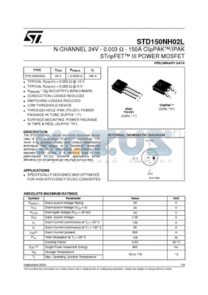 STD150NH02L datasheet - N-CHANNEL 24V - 0.003 ohm - 150A ClipPAK/IPAK STripFET III POWER MOSFET