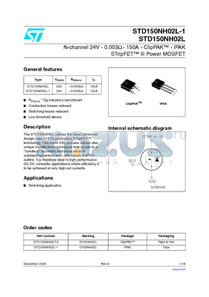 STD150NH02L datasheet - N-channel 24V- 0.003Y - 150A - ClipPAK - IPAK STripFET IlI Power MOSFET