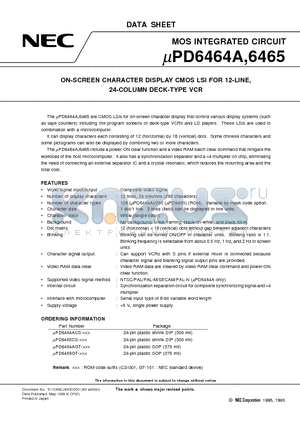UPD6465 datasheet - ON-SCREEN CHARACTER DISPLAY CMOS LSI FOR 12-LINE, 24-COLUMN DECK-TYPE VCR