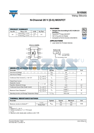 SI1058X datasheet - N-Channel 20 V (D-S) MOSFET