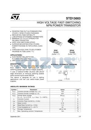 STD13003 datasheet - HIGH VOLTAGE FAST-SWITCHING NPN POWER TRANSISTOR