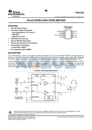 TPA6110A2DGNR datasheet - 150-mW STEREO AUDIO POWER AMPLIFIER