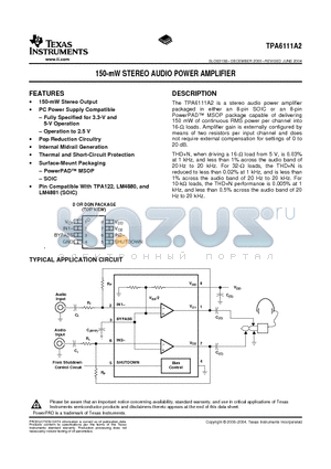 TPA6111A2DGNG4 datasheet - 150-mW STEREO AUDIO POWER AMPLIFIER