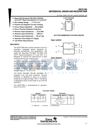 SN75179A datasheet - DIFFERENTIAL DRIVER AND RECEIVER PAIR