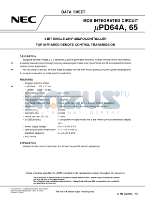 UPD65 datasheet - 4-BIT SINGLE-CHIP MICROCONTROLLER FOR INFRARED REMOTE CONTROL TRANSMISSION