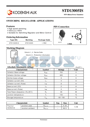 STD13005IS datasheet - SWITCHING REGULATOR APPLICATIONS