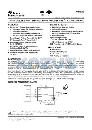 TPA6130A2 datasheet - 138-mW DIRECTPATH STEREO HEADPHONE AMPLIFIER WITH I2C VOLUME CONTROL