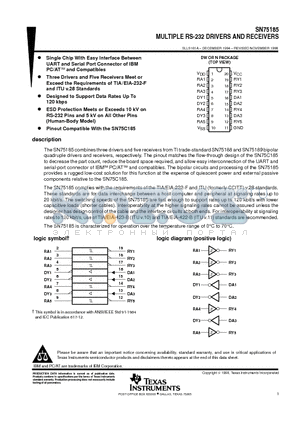 SN75185DW datasheet - MULTIPLE RS-232 DRIVERS AND RECEIVERS