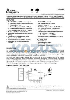 TPA6130A2YZHR datasheet - 138-mW DIRECTPATH STEREO HEADPHONE AMPLIFIER WITH I2C VOLUME CONTROL