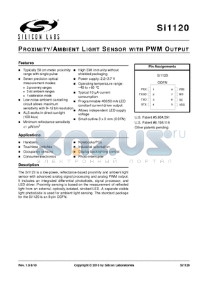 SI1120_10 datasheet - PROXIMITY/AMBIENT LIGHT SENSOR WITH PWM OUTPUT