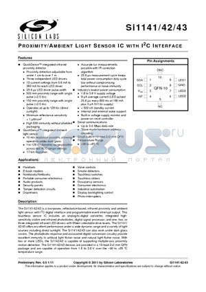 SI1141 datasheet - PROXIMITY/AMBIENT LIGHT SENSOR IC WITH I2C INTERFACE