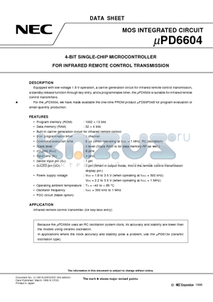 UPD6604 datasheet - 4-BIT SINGLE-CHIP MICROCONTROLLER FOR INFRARED REMOTE CONTROL TRANSMISSION