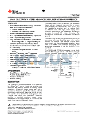TPA6136A2YFFT datasheet - 25-mW DIRECTPATH STEREO HEADPHONE AMPLIFIER WITH POP SUPPRESSION