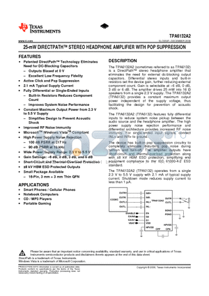 TPA6132A2 datasheet - 25-mW DIRECTPATH STEREO HEADPHONE AMPLIFIER WITH POP SUPPRESSION