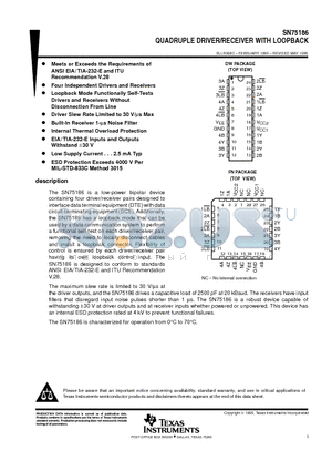 SN75186DW datasheet - QUADRUPLE DRIVER/RECEIVER WITH LOOPBACK