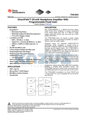 TPA6139A2 datasheet - DirectPath 25-mW Headphone Amplifier With Programmable-Fixed Gain