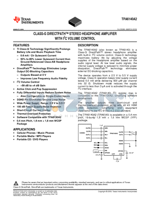 TPA6140A2YFF datasheet - CLASS-G DIRECTPATH STEREO HEADPHONE AMPLIFIER WITH I2C VOLUME CONTROL