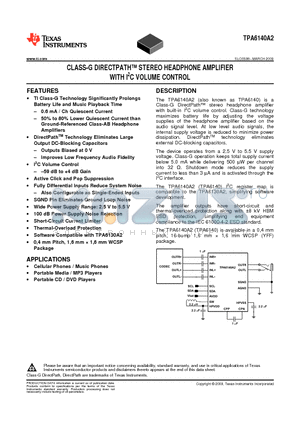 TPA6140A2YFFR datasheet - CLASS-G DIRECTPATH STEREO HEADPHONE AMPLIFIER WITH I2C VOLUME CONTROL