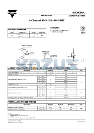 SI1300BDL-T1-E3 datasheet - N-Channel 20-V (D-S) MOSFET