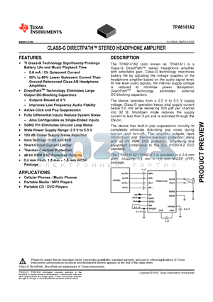 TPA6141A2 datasheet - CLASS-G DIRECTPATH STEREO HEADPHONE AMPLIFIER
