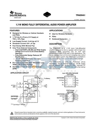 TPA6204A1DRBG4 datasheet - 1.7W MONO FULLY DIFFERENTIAL AUDIO POWER AMPLIFIER