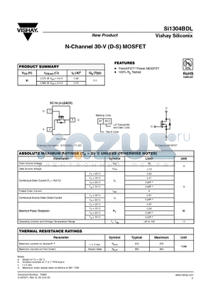 SI1304BDL-T1-E3 datasheet - N-Channel 30-V (D-S) MOSFET
