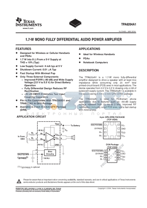 TPA6204A1 datasheet - 1.7W MONO FULLY DIFFERENTIAL AUDIO POWER AMPLIFIER