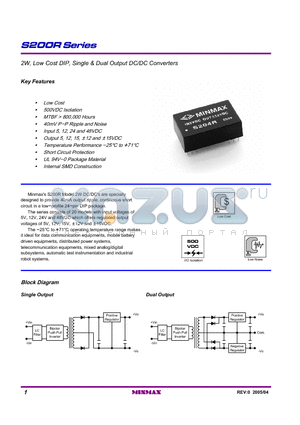 S201R datasheet - 2W, Low Cost DIP, Single & Dual Output DC/DC Converters