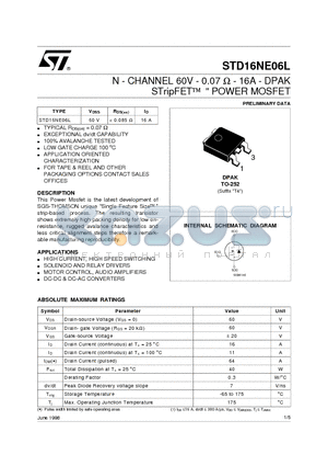 STD16NE06L datasheet - N - CHANNEL 60V - 0.07 ohm - 16A - DPAK STripFET POWER MOSFET