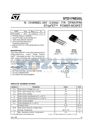 STD17NE03L datasheet - N - CHANNEL 30V - 0.034ohm - 17A - DPAK/IPAK STripFET POWER MOSFET