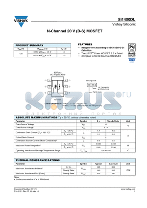 SI1400DL-T1-E3 datasheet - N-Channel 20-V (D-S) MOSFET
