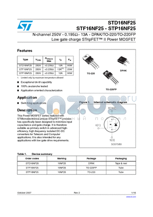 STD16NF25 datasheet - N-channel 250V - 0.195Y - 13A - DPAK/TO-220/TO-220FP Low gate charge STripFET II Power MOSFET