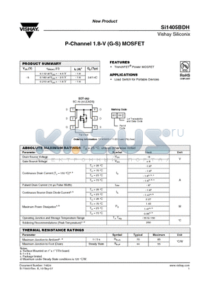 SI1405BDH-T1-E3 datasheet - P-Channel 1.8-V (G-S) MOSFET