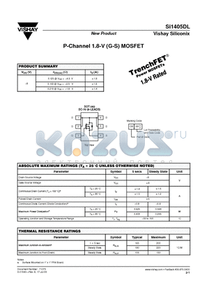 SI1405DL datasheet - P-Channel 1.8-V (G-S) MOSFET