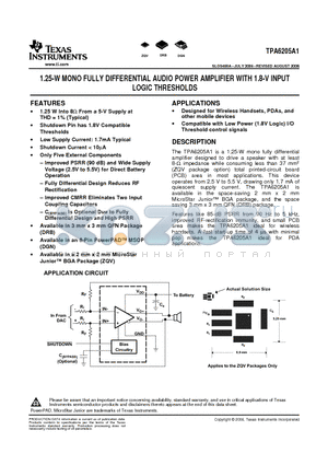 TPA6205A1ZQVR datasheet - 1.25-W MONO FULLY DIFFERENTIAL AUDIO POWER AMPLIFIER WITH 1.8-V INPUT LOGIC THRESHOLDS