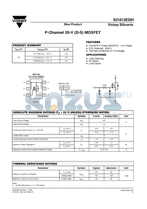 SI1413EDH datasheet - P-Channel 20-V (D-S) MOSFET