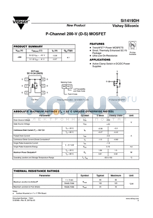 SI1419DH-T1-E3 datasheet - P-Channel 200-V (D-S) MOSFET