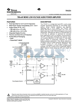 TPA721DGN datasheet - 700-mW MONO LOW-VOLTAGE AUDIO POWER AMPLIFIER